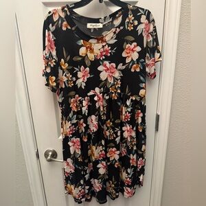 Haptics Black Floral Short Sleeve Babydoll Dress with Pockets